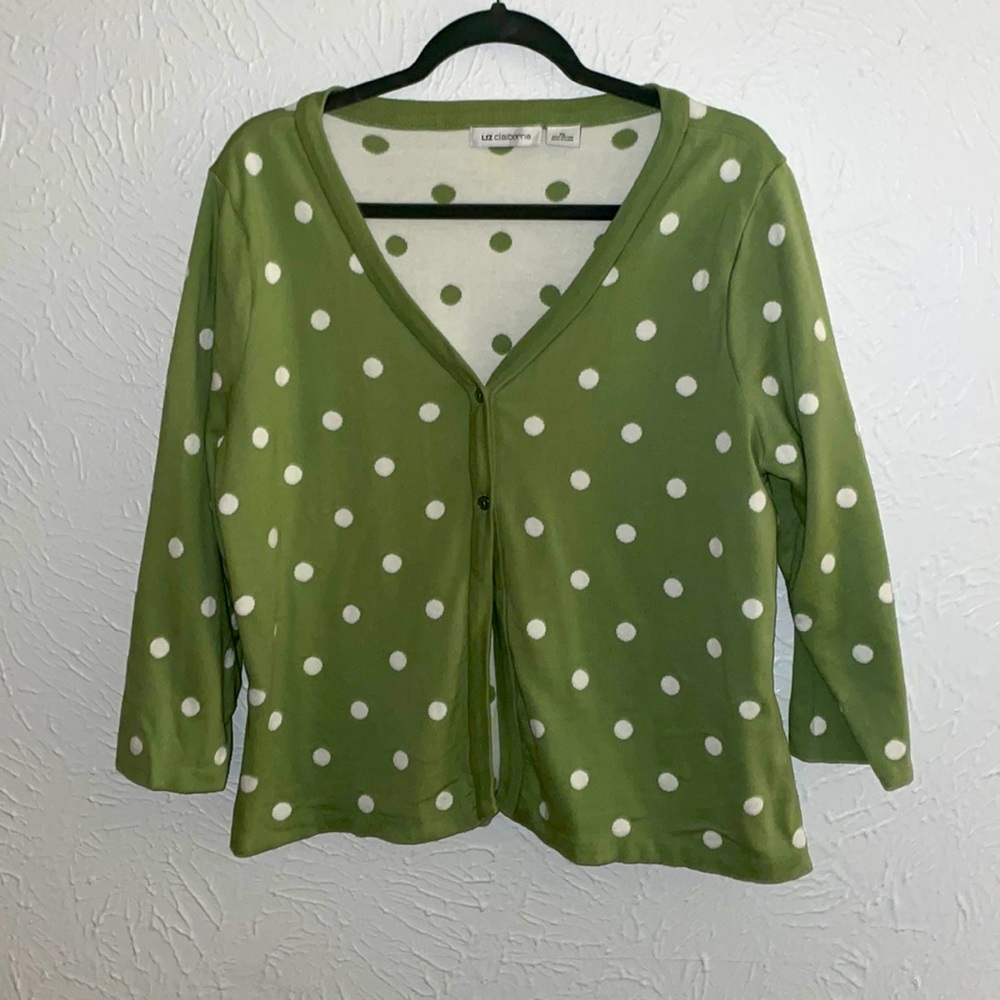 Liz Claiborne 2 Button Closure Cardigan Polka Dot Green XL